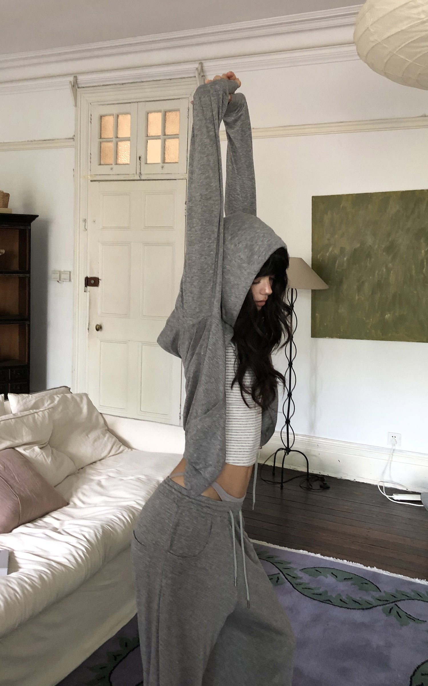 WARDEN EDGE Minimal Lounge Three Piece Set with Zip-Up Hoodie, Striped Cropped Camisole and Wide Leg Sweatpants