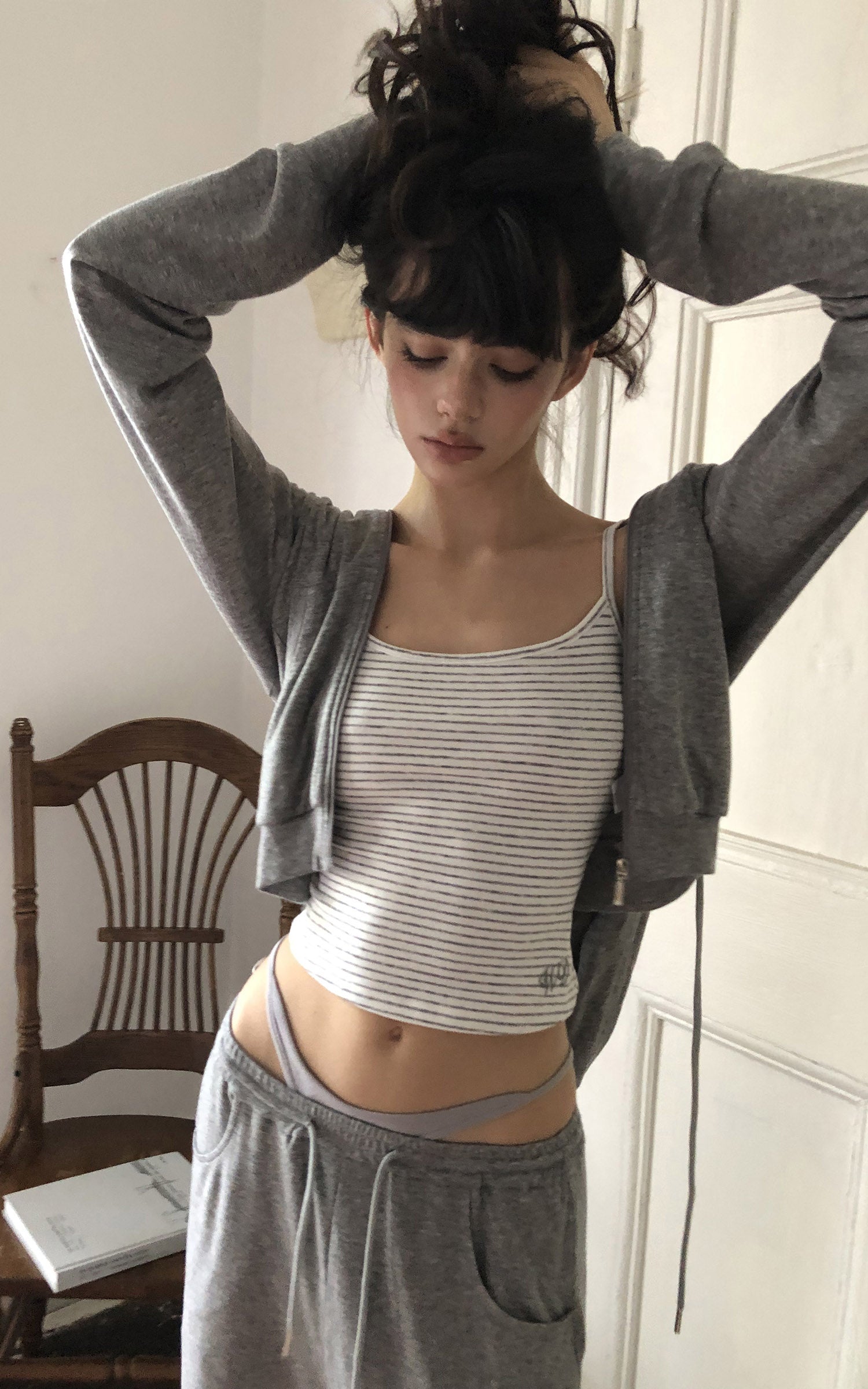 WARDEN EDGE Minimal Lounge Three Piece Set with Zip-Up Hoodie, Striped Cropped Camisole and Wide Leg Sweatpants