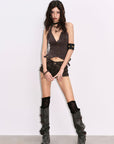 Low pixel Distressed Lace-Up Deep V Fitted Vest