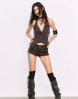 Low pixel Distressed Lace-Up Deep V Fitted Vest