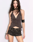 Low pixel Distressed Lace-Up Deep V Fitted Vest
