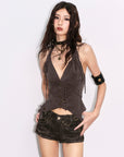 Low pixel Distressed Lace-Up Deep V Fitted Vest