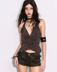 Low pixel Distressed Lace-Up Deep V Fitted Vest