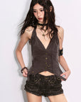 Low pixel Distressed Lace-Up Deep V Fitted Vest