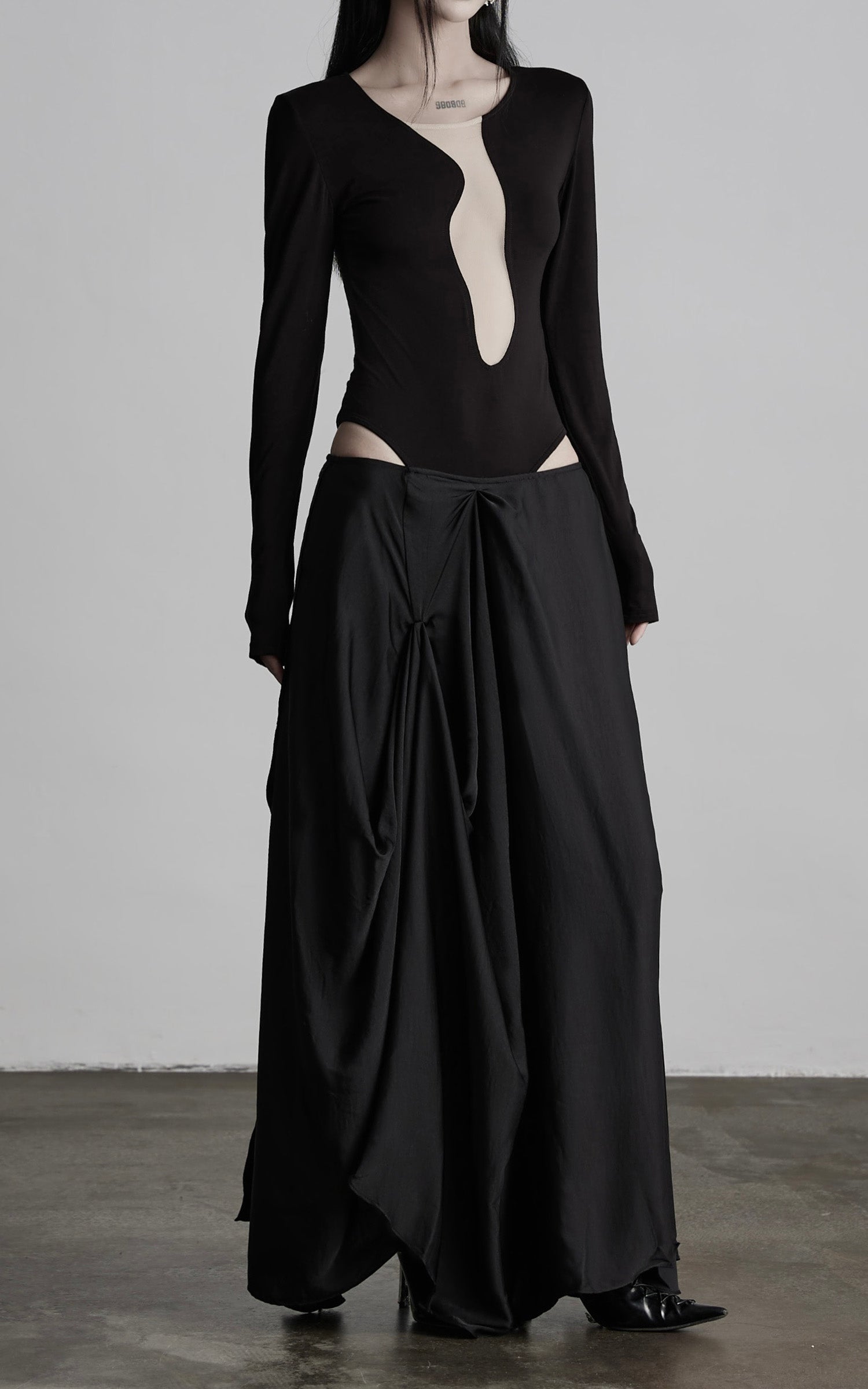 DOINDULGE Draped Asymmetric Maxi Skirt