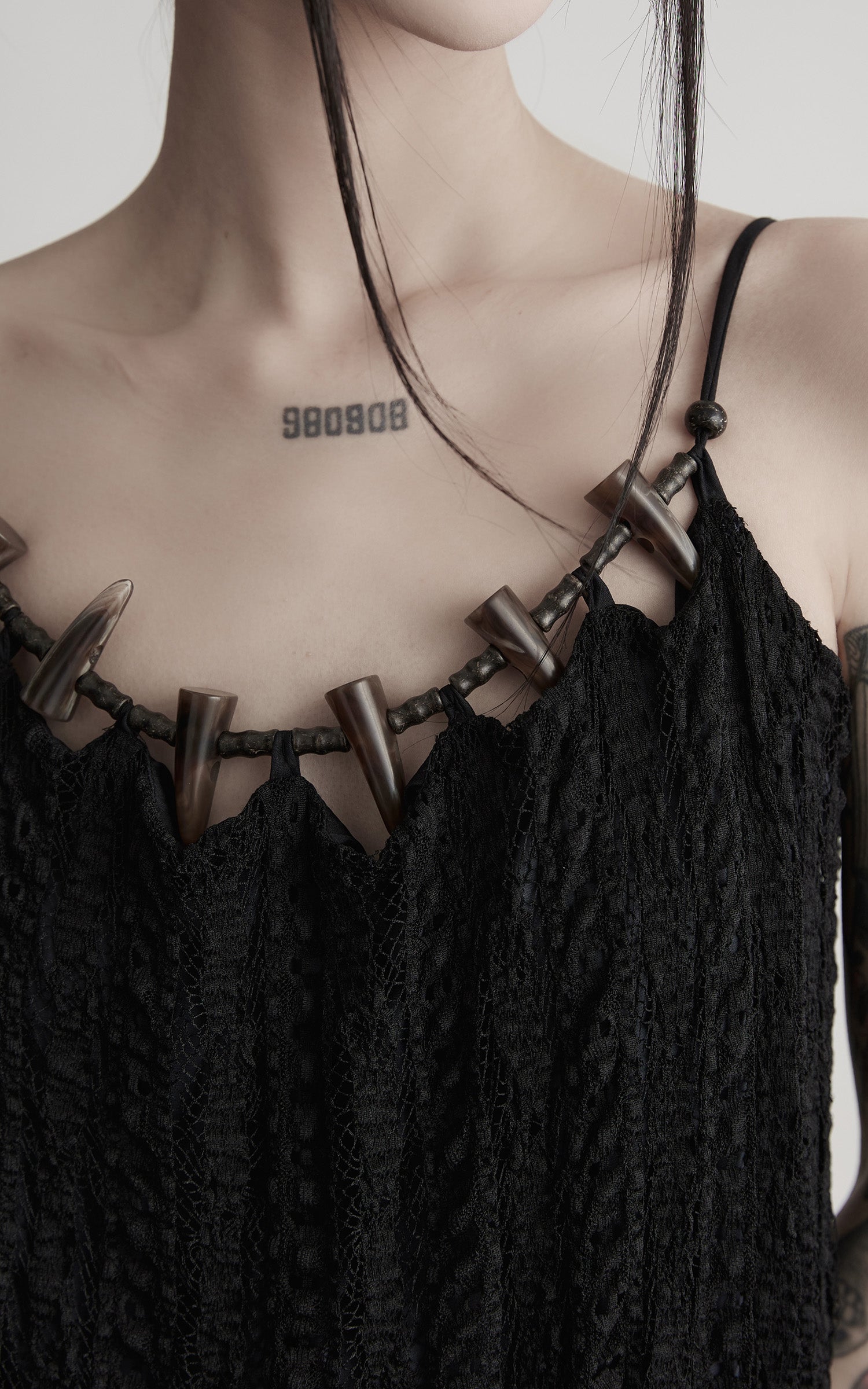 DOINDULGE Lace Panel Long Dress with Carved Horn Beads and Ring Strap Detail