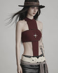 DOINDULGE Asymmetric Cutout Bodysuit with Ceramic Cross Embellishment