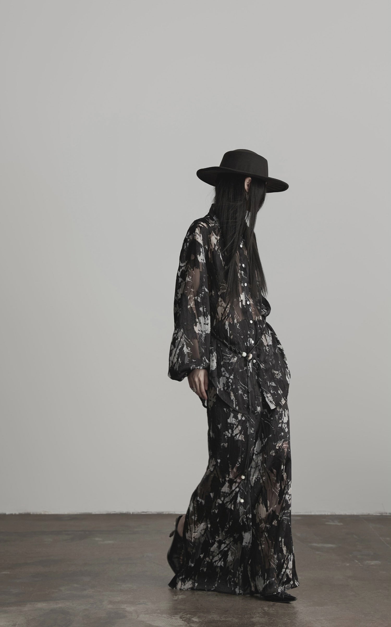 DOINDULGE Sheer Texture Shirt &amp; Long Skirt Set with Abstract Shadow Print