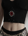 DOINDULGE Beaded Motif Halter Knit Top Ribbed V-Neck Cropped Camisole