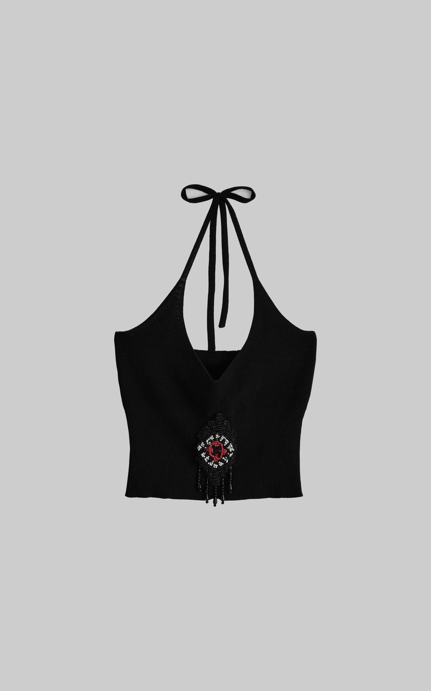 DOINDULGE Beaded Motif Halter Knit Top Ribbed V-Neck Cropped Camisole