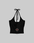 DOINDULGE Beaded Motif Halter Knit Top Ribbed V-Neck Cropped Camisole