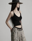 DOINDULGE Beaded Motif Halter Knit Top Ribbed V-Neck Cropped Camisole