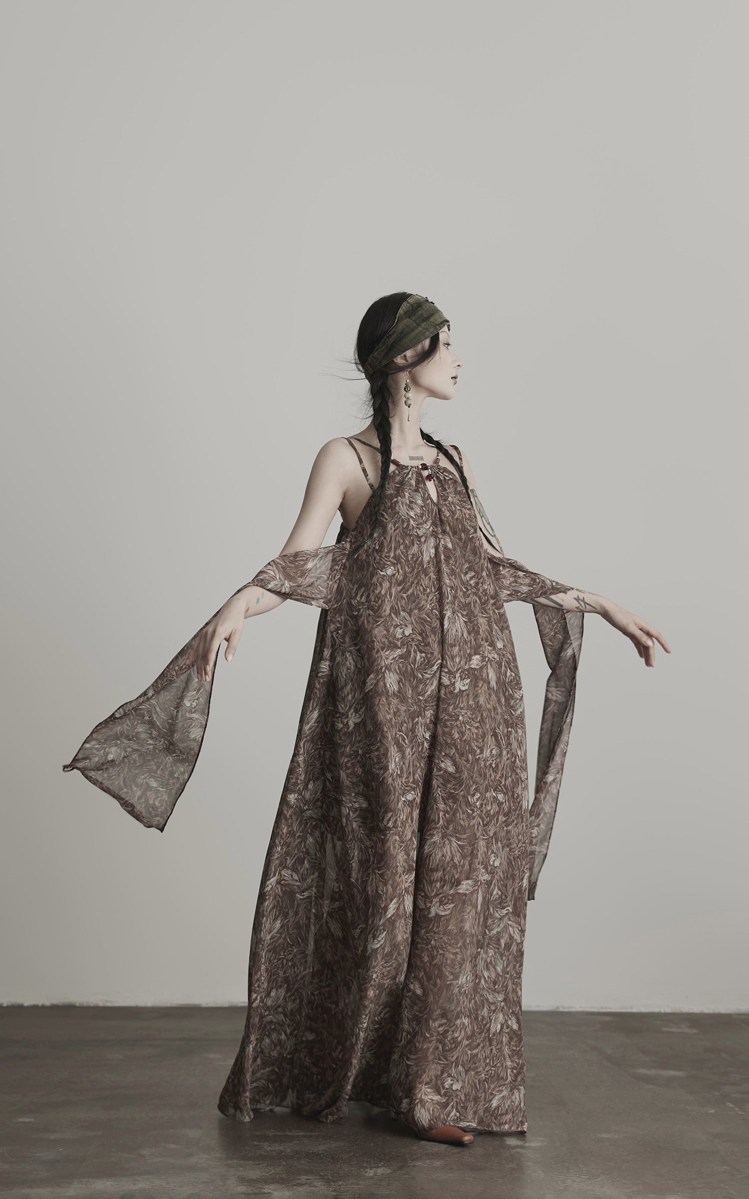 DOINDULGE Feather-Printed Halter Dress with Beaded Straps and Draped Silhouette