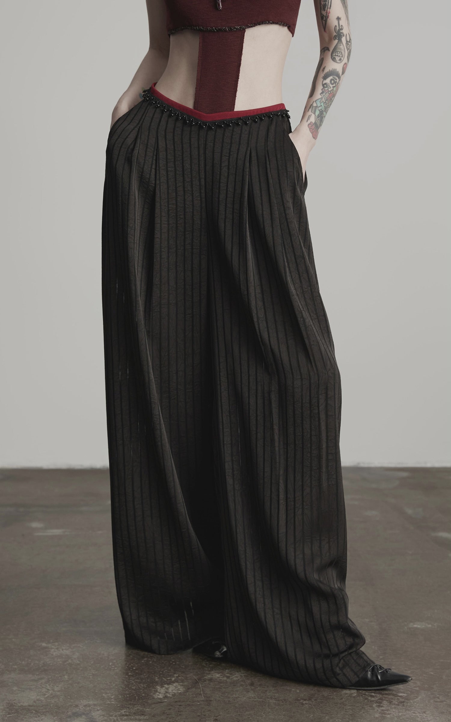 DOINDULGE Ruched Wide-Leg Pants with V-Cut Waist and Beaded Trim