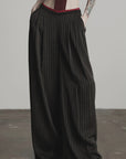 DOINDULGE Ruched Wide-Leg Pants with V-Cut Waist and Beaded Trim