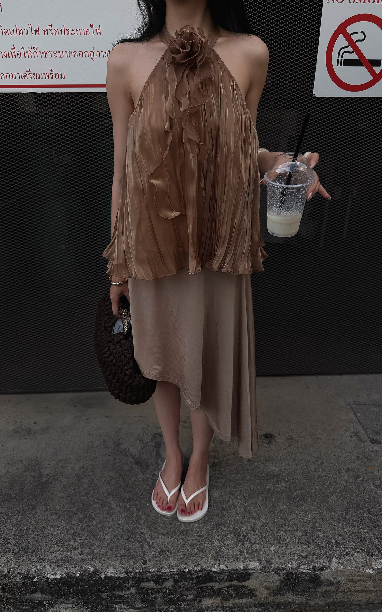 Hydrae プリーツハルタートップ シアーラッフルタイバック フローイングステートメントトップ