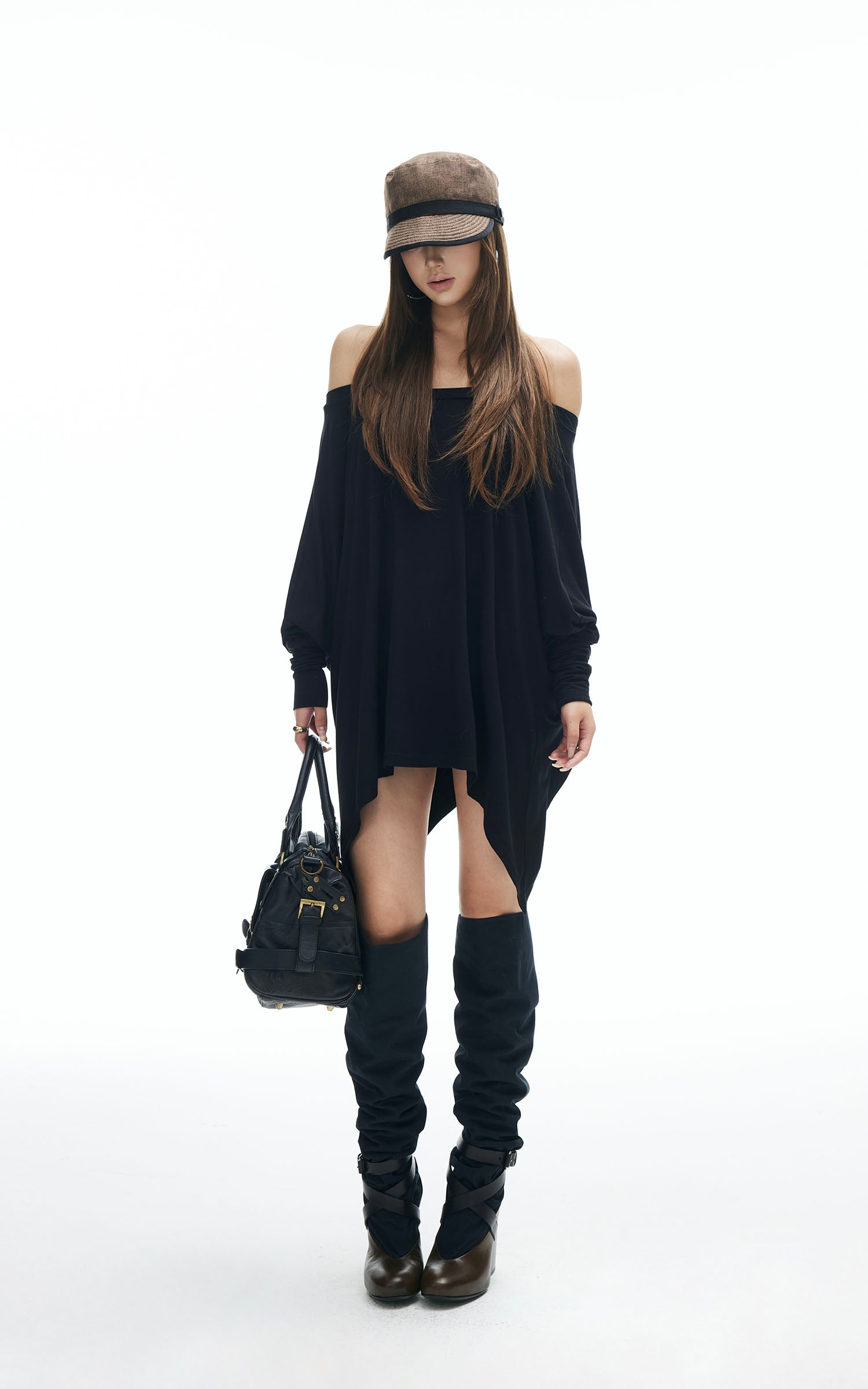 IAMXIAA Off Shoulder Long Sleeve Top with Adjustable Strap