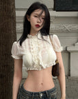 Hydrae Sheer Ruffle Pintuck Cropped Blouse Top