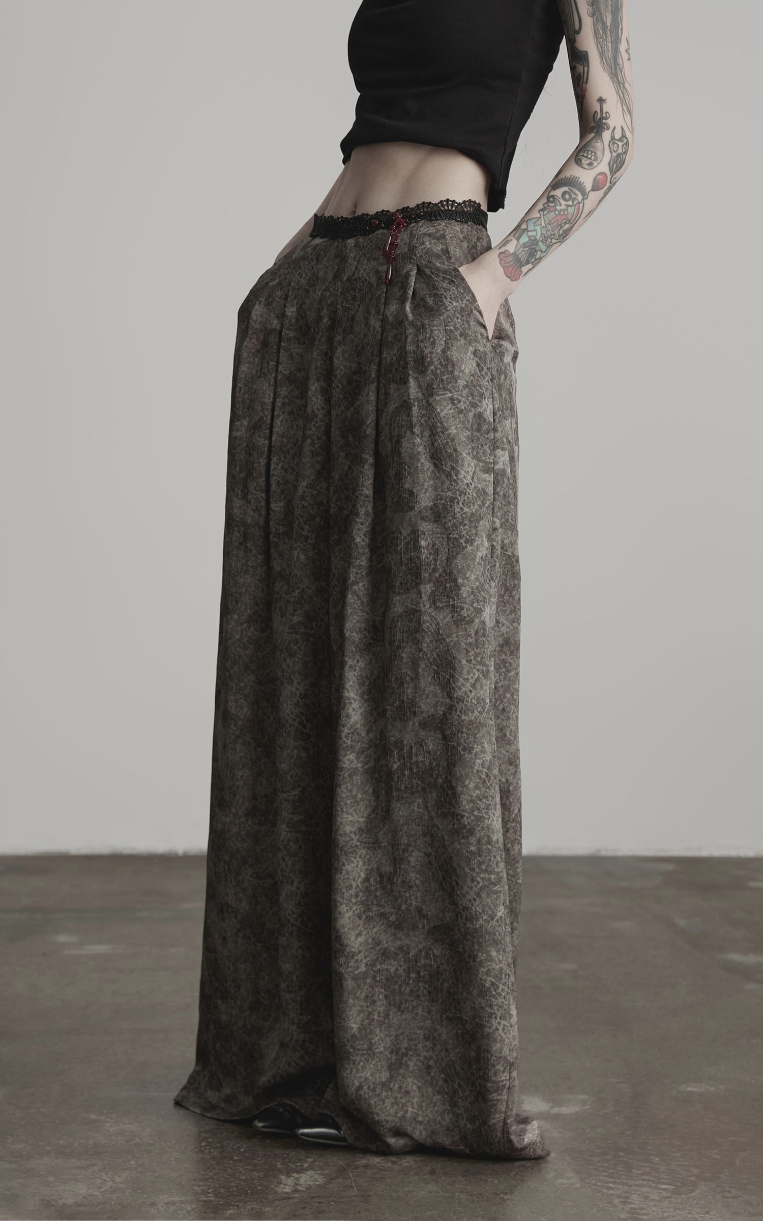 DOINDULGE Shadow Jacquard Wide Pants with Lace Waist and Beaded Trim