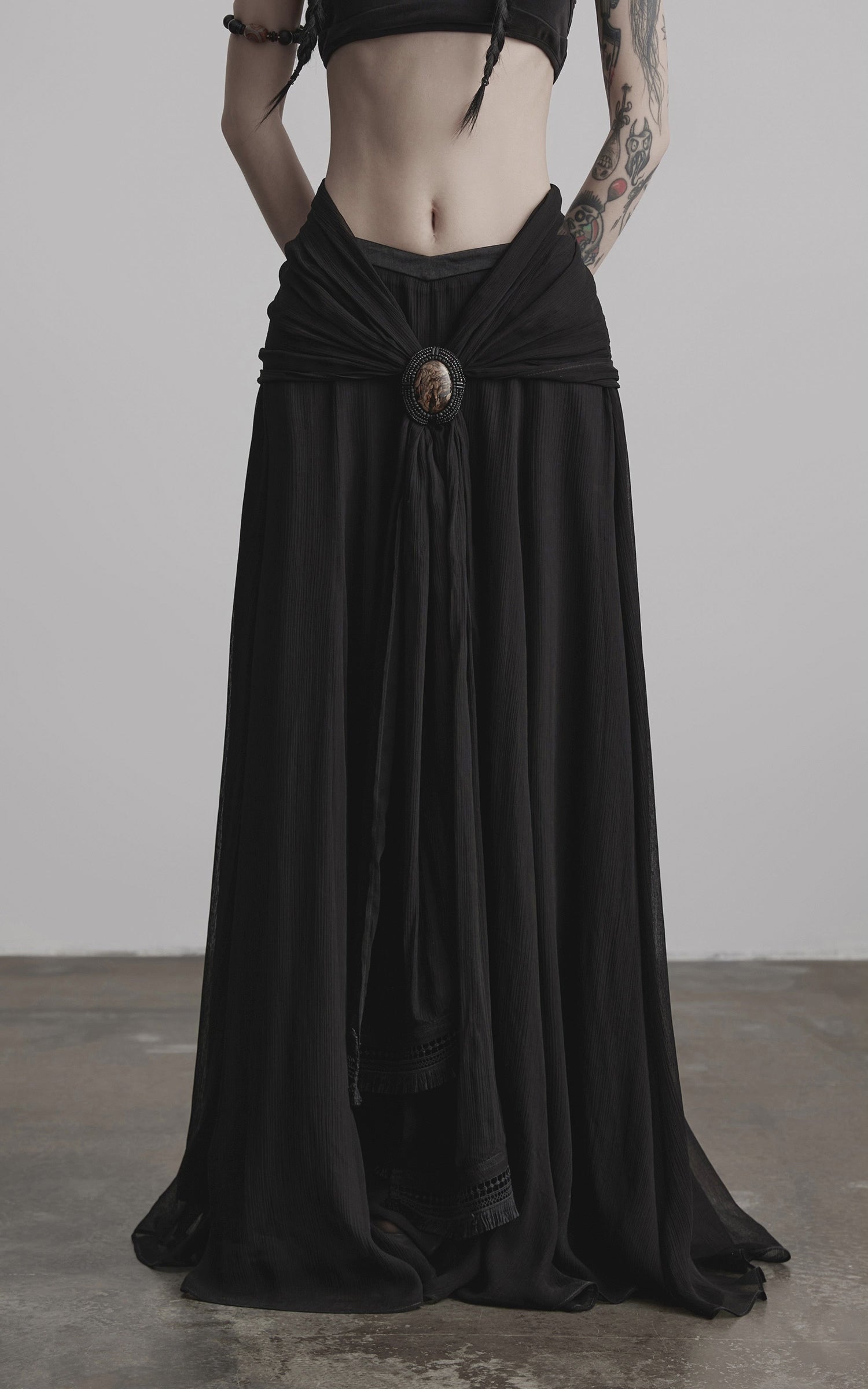 DOINDULGE Draped Maxi Skirt with Medallion