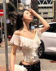 Hydrae Romantic Off Shoulder Chiffon Ruffle Ruched Top