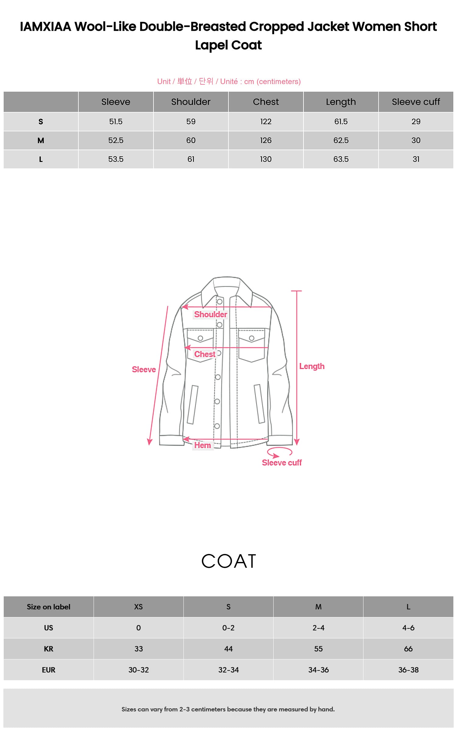 IAMXIAA Wool-Like Double-Breasted Cropped Jacket Women Short Lapel Coat