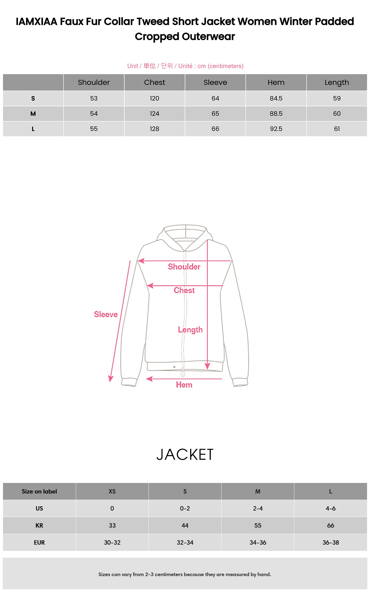 IAMXIAA Faux Fur Collar Tweed Short Jacket Women Winter Padded Cropped Outerwear