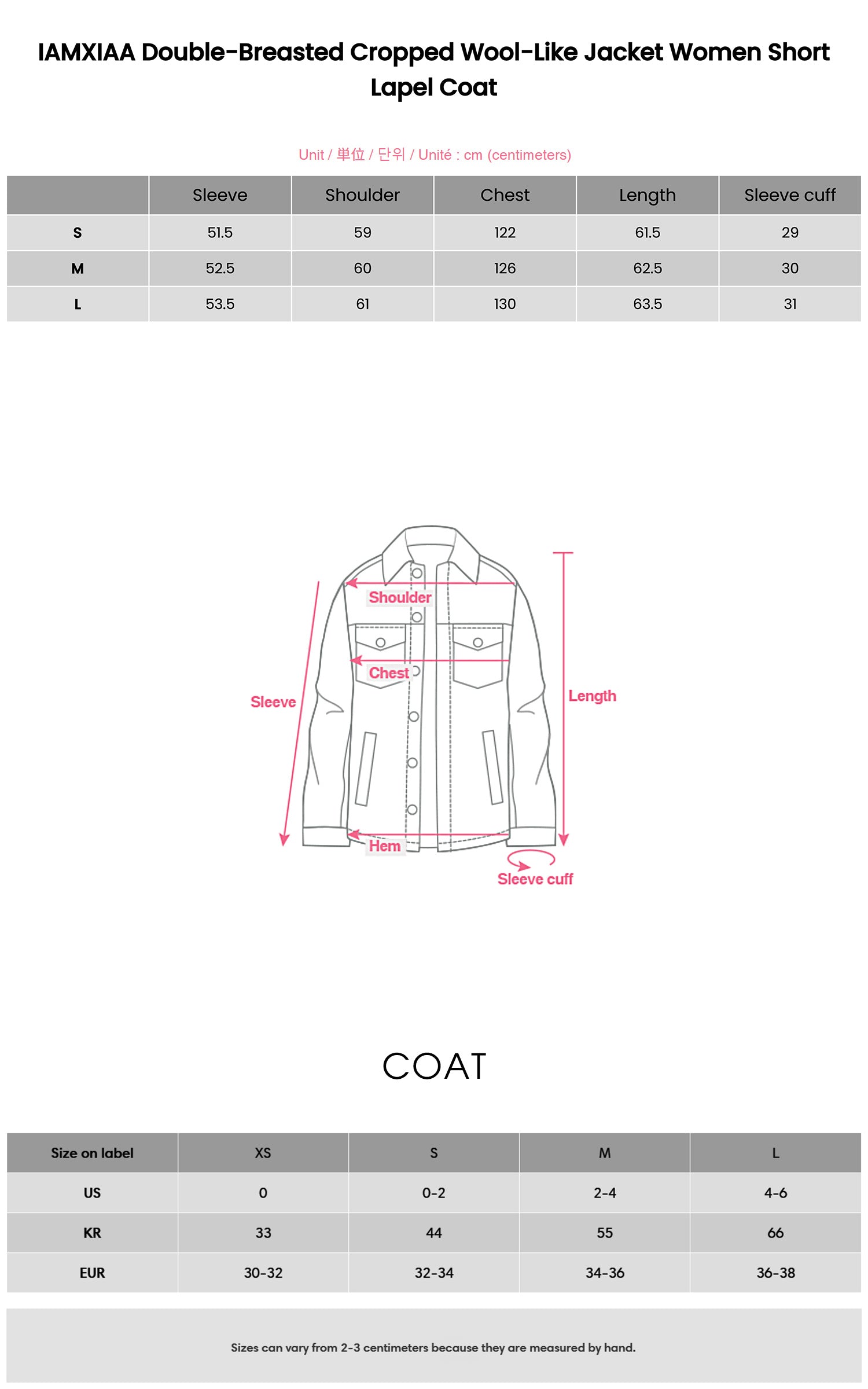 IAMXIAA Double-Breasted Cropped Wool-Like Jacket Women Short Lapel Coat