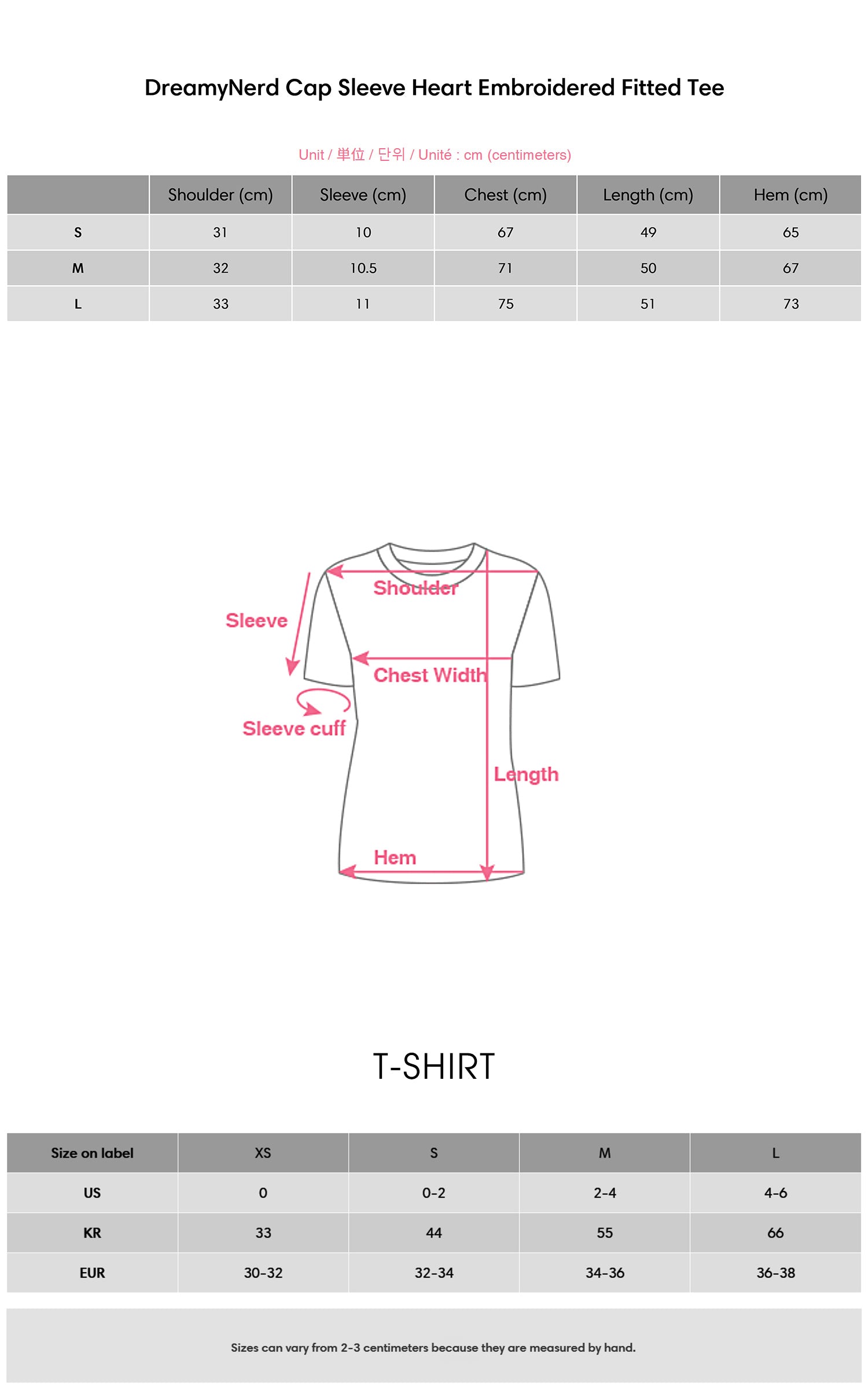 DreamyNerd Cap Sleeve Heart Embroidered Fitted Tee - PINKPARKS