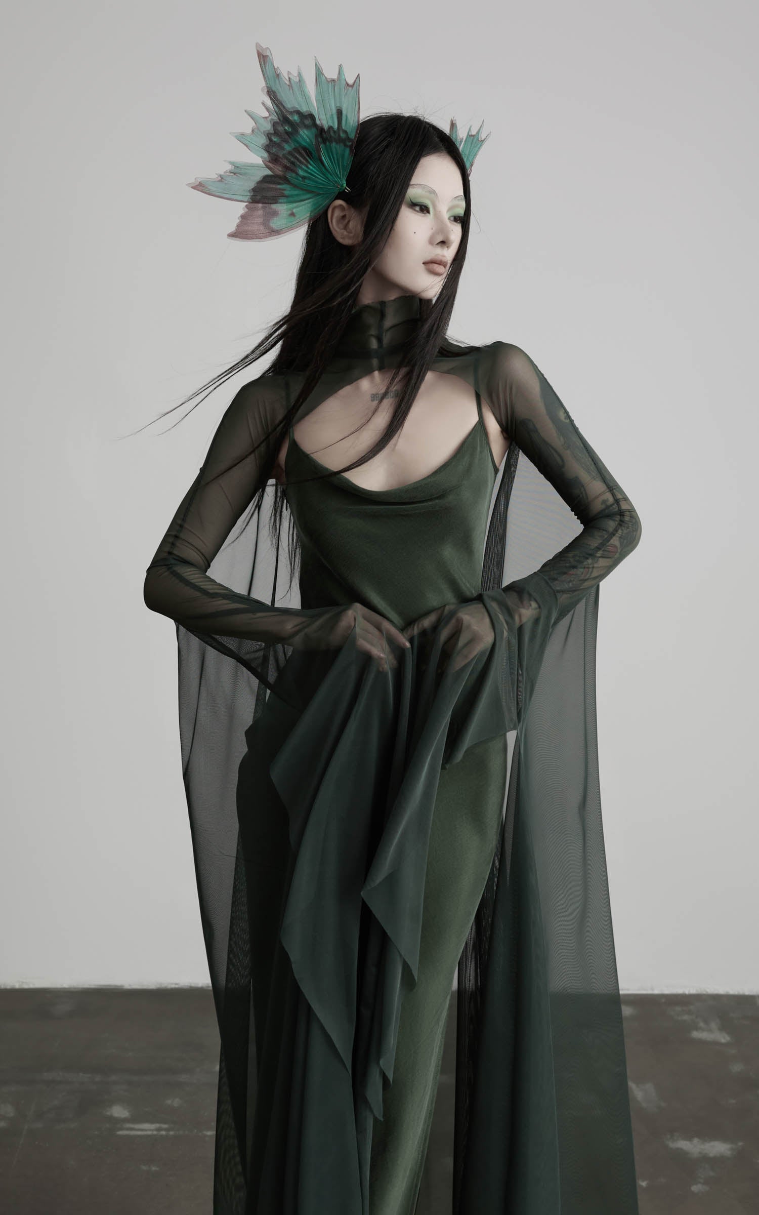 DOINDULGE Slip Maxi Dress Mesh Cape Set
