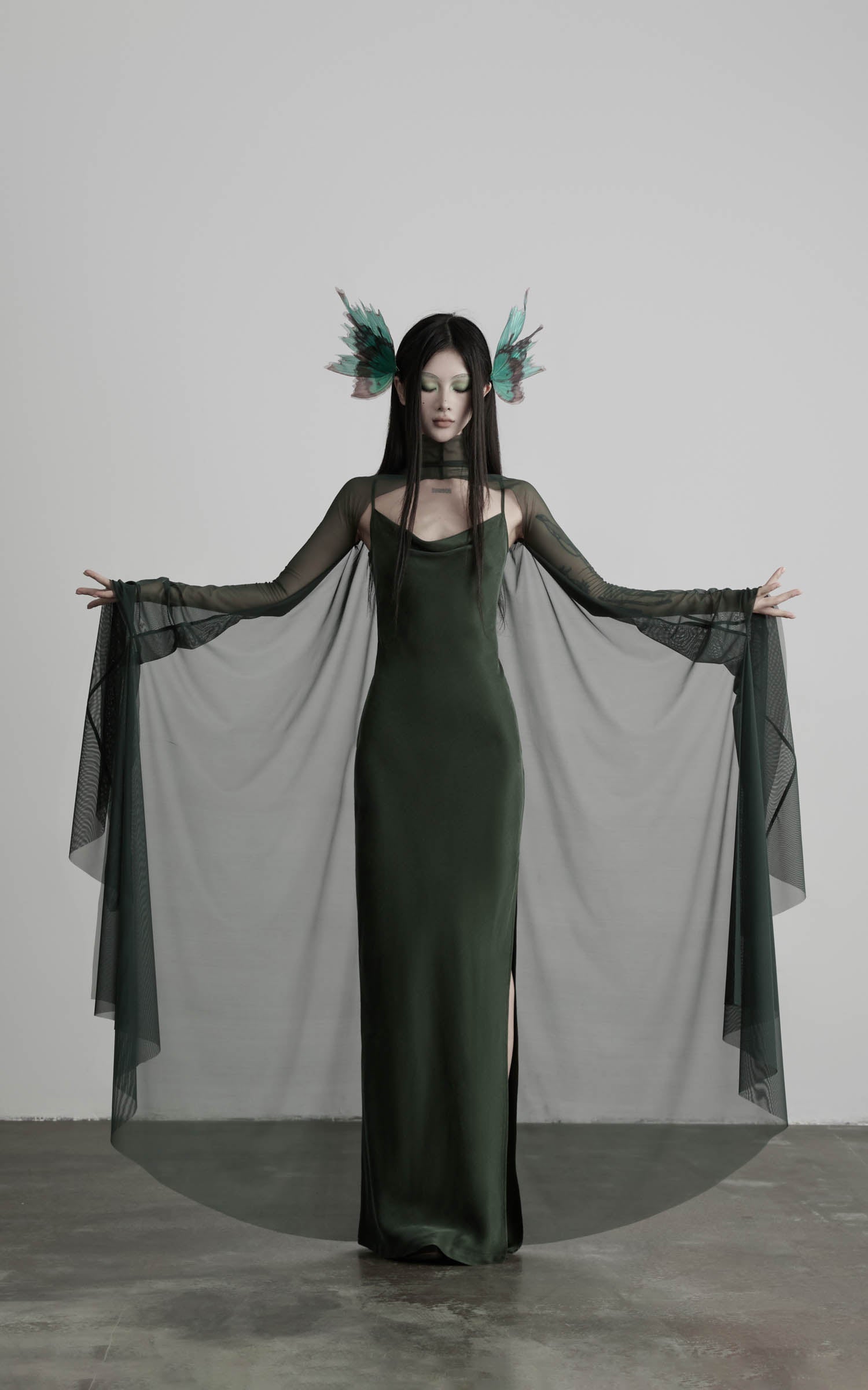 DOINDULGE Slip Maxi Dress Mesh Cape Set