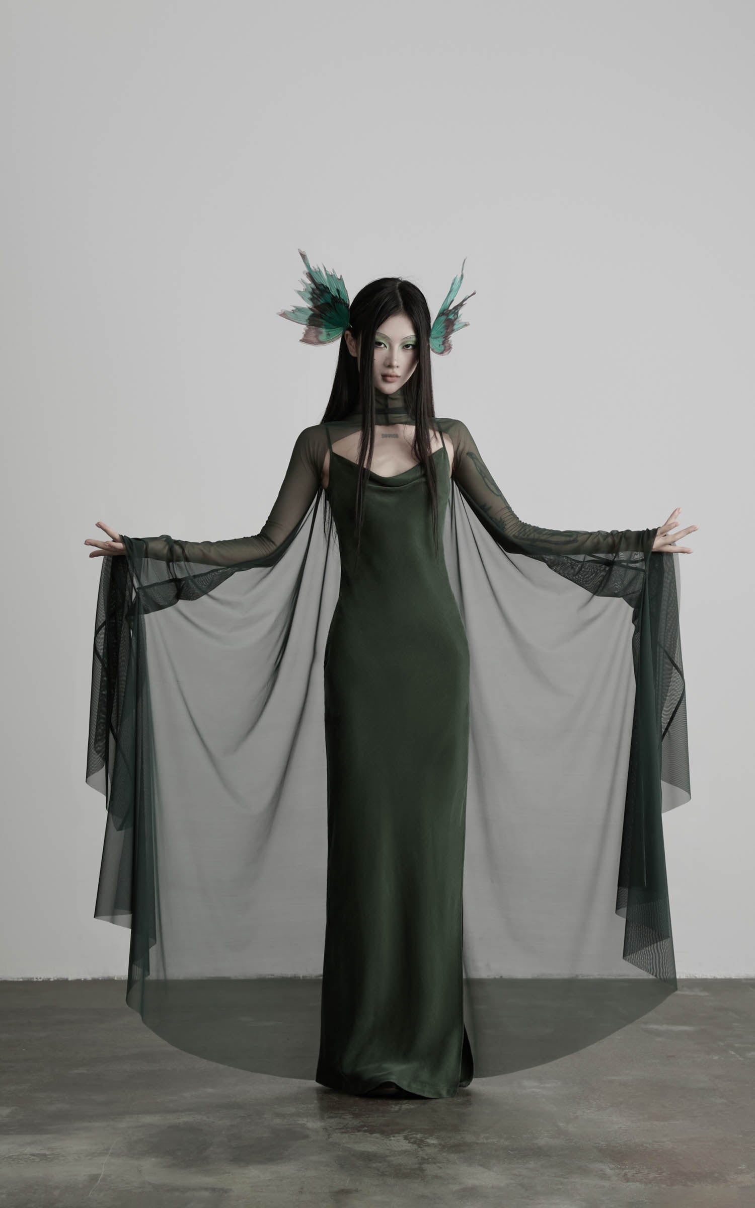 DOINDULGE Slip Maxi Dress Mesh Cape Set