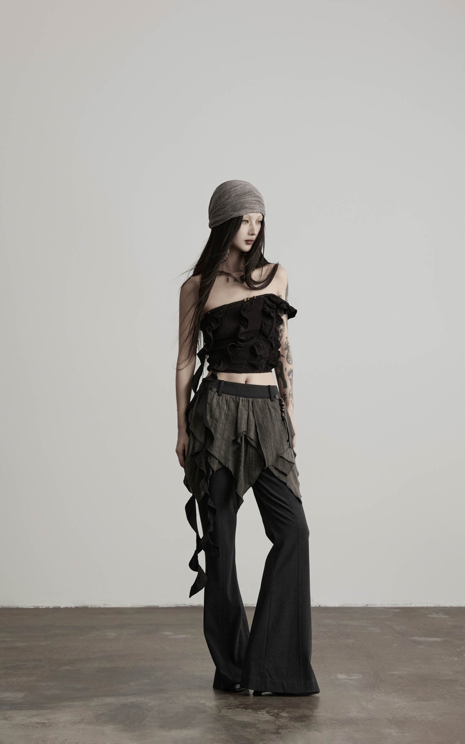 DOINDULGE Flared Pants Layered Wrap Panel