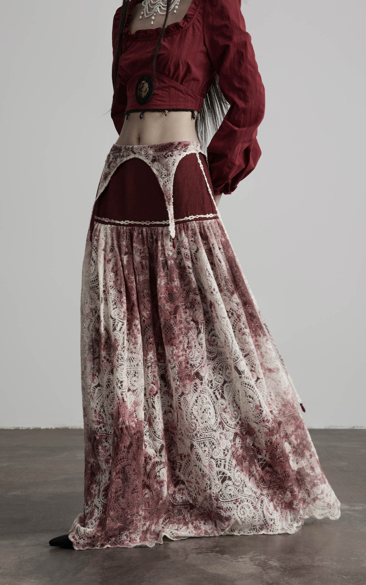DOINDULGE Deconstructed Lace Panel Maxi Skirt
