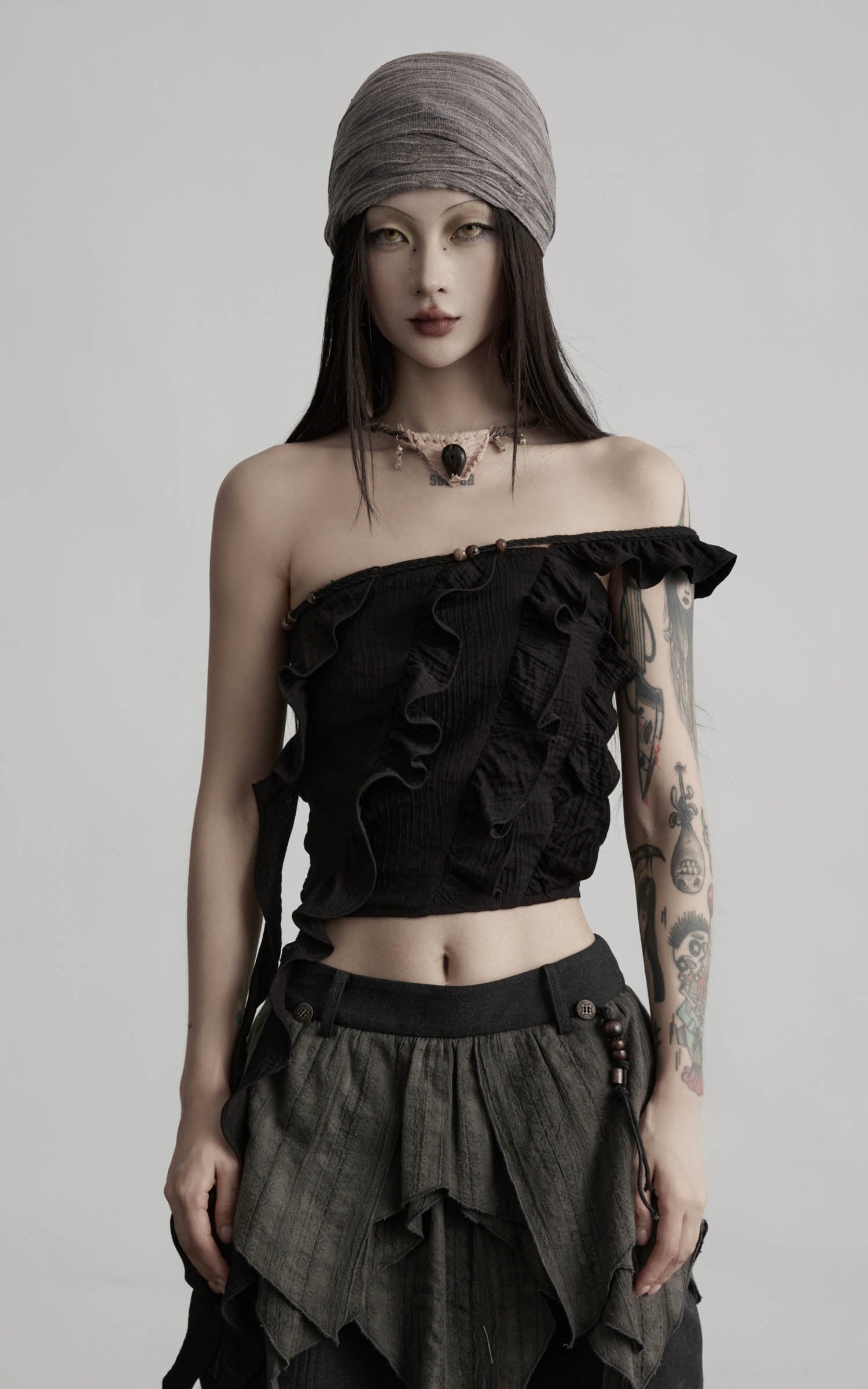 DOINDULGE Ruffled Off-Shoulder Crop Top