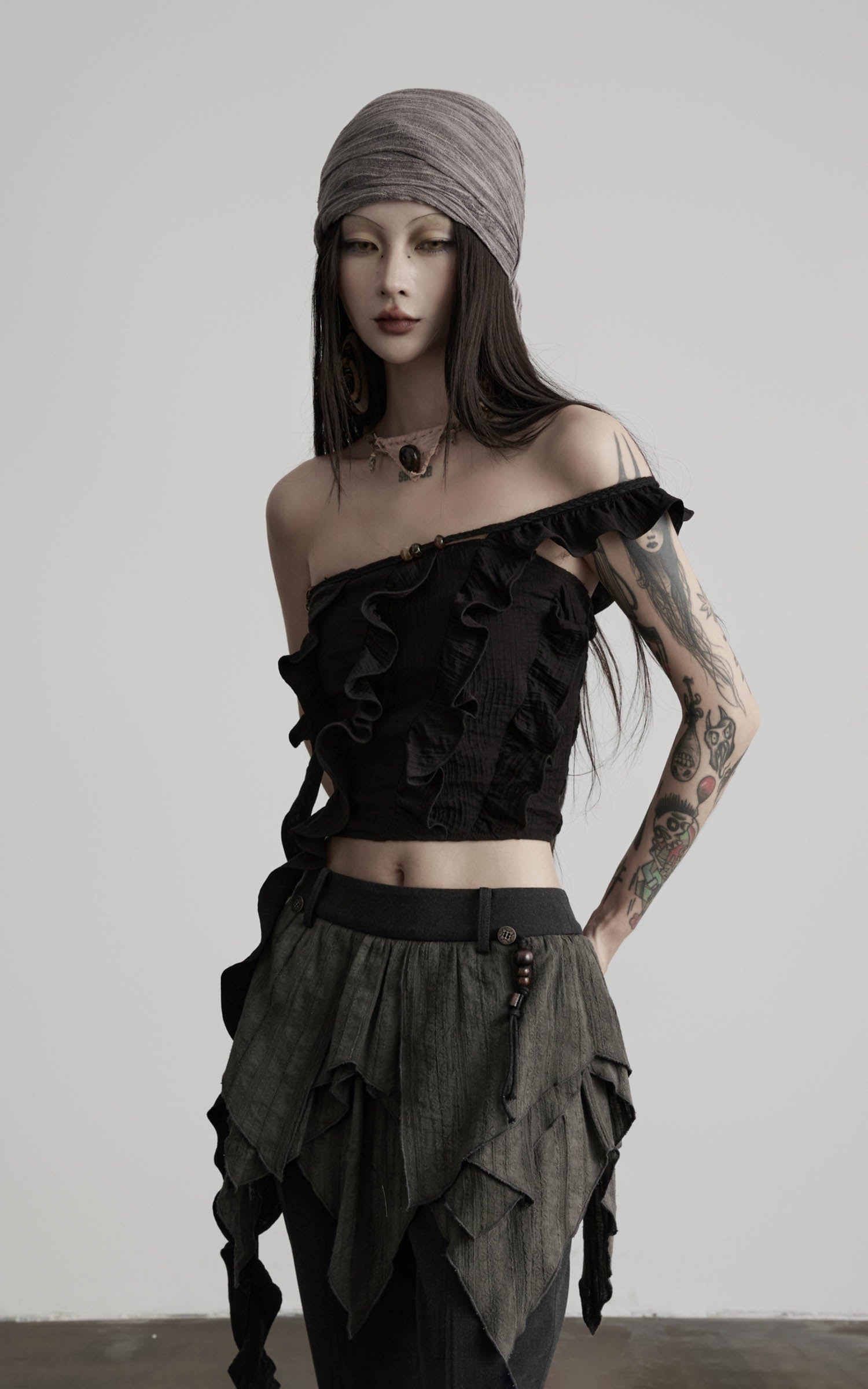 DOINDULGE Ruffled Off-Shoulder Crop Top