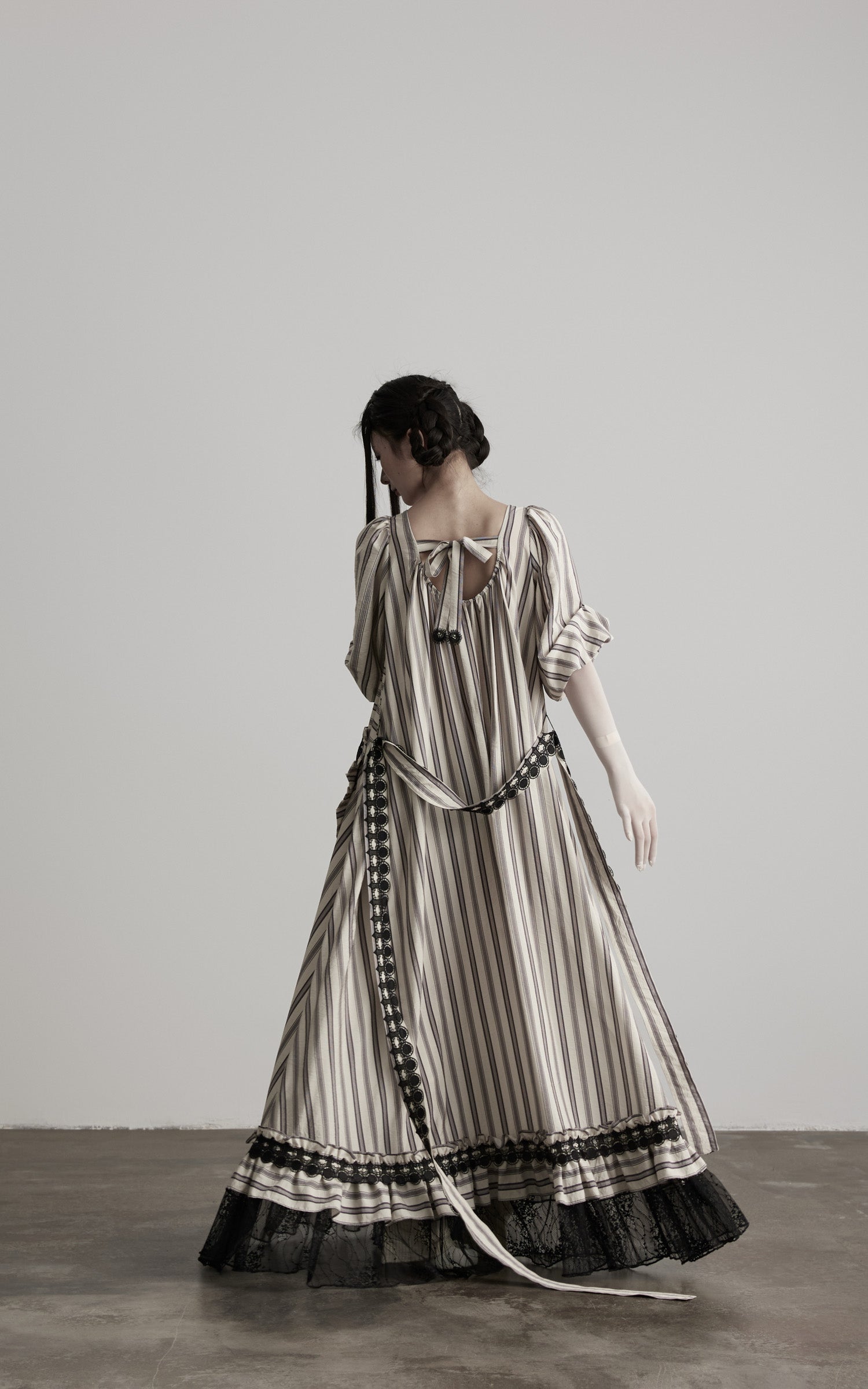 DOINDULGE Striped Square-Neck Fitted Waist Dress with Lace Trim