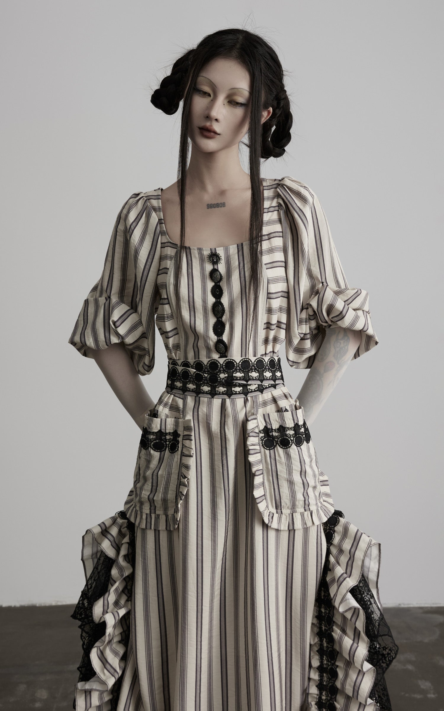 DOINDULGE Striped Square-Neck Fitted Waist Dress with Lace Trim