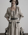 DOINDULGE Striped Square-Neck Fitted Waist Dress with Lace Trim