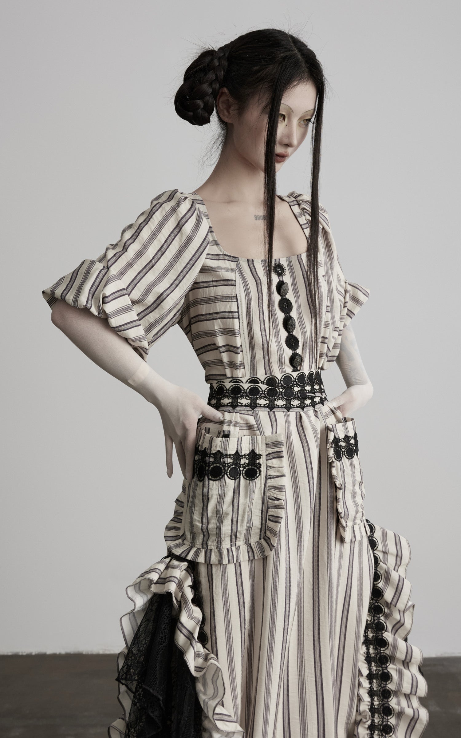 DOINDULGE Striped Square-Neck Fitted Waist Dress with Lace Trim