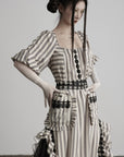 DOINDULGE Striped Square-Neck Fitted Waist Dress with Lace Trim