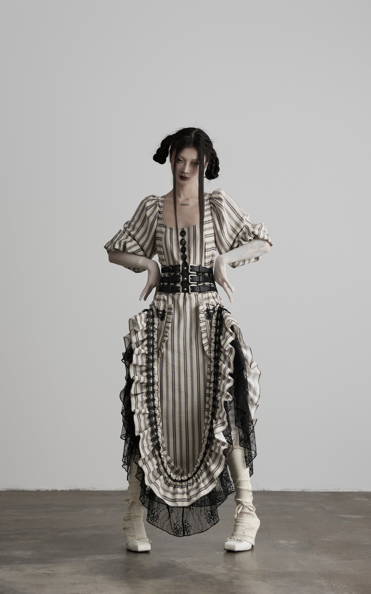 DOINDULGE Striped Square-Neck Fitted Waist Dress with Lace Trim