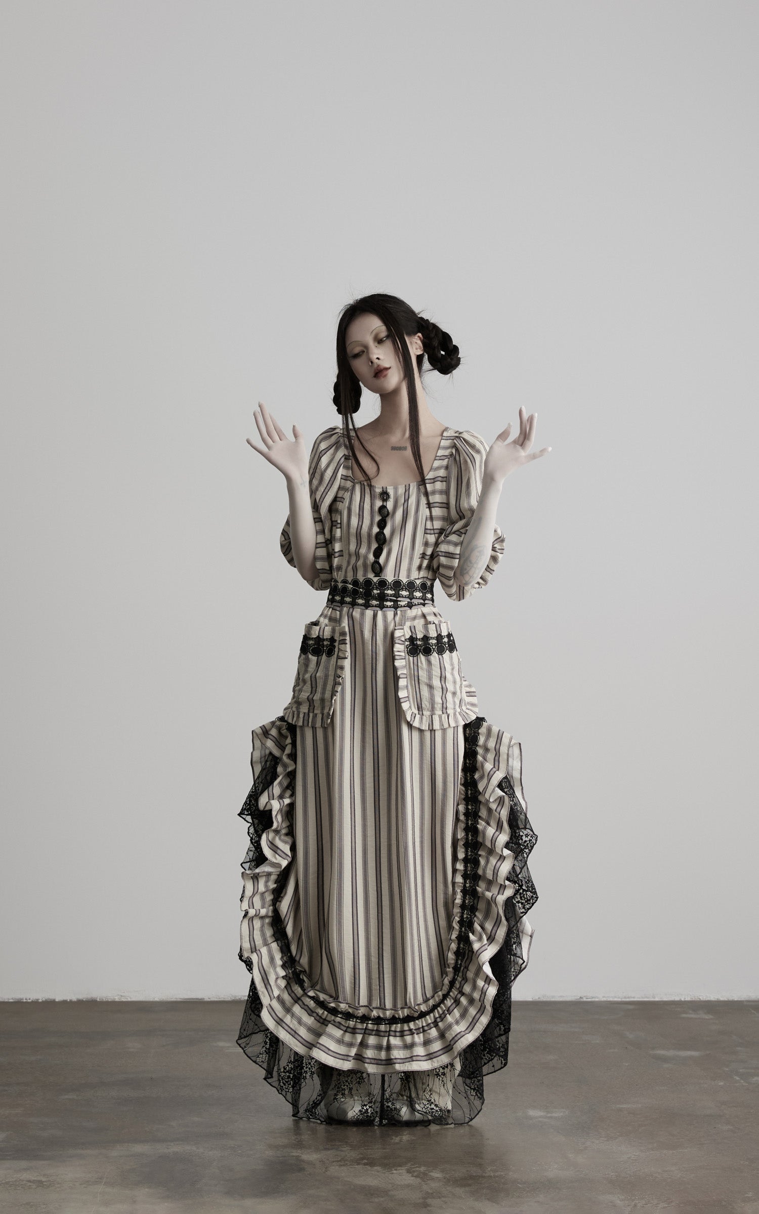 DOINDULGE Striped Square-Neck Fitted Waist Dress with Lace Trim