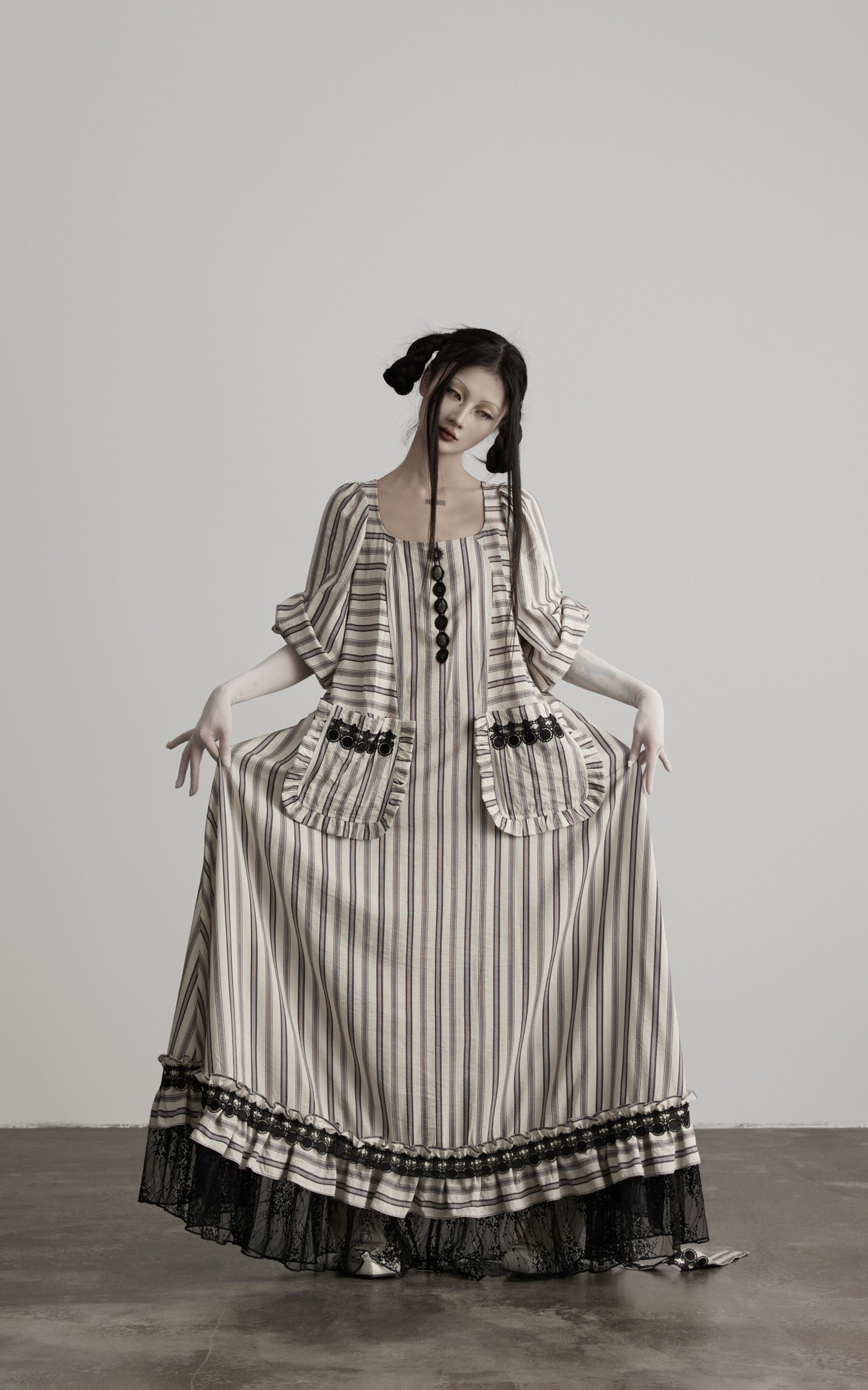 DOINDULGE Striped Square-Neck Fitted Waist Dress with Lace Trim