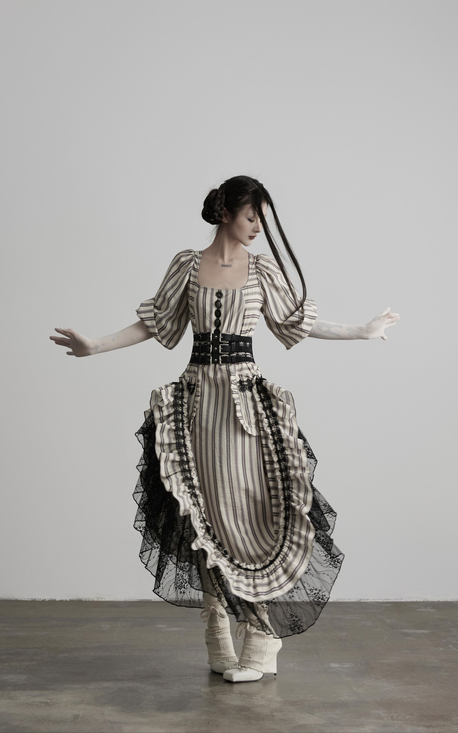 DOINDULGE Striped Square-Neck Fitted Waist Dress with Lace Trim
