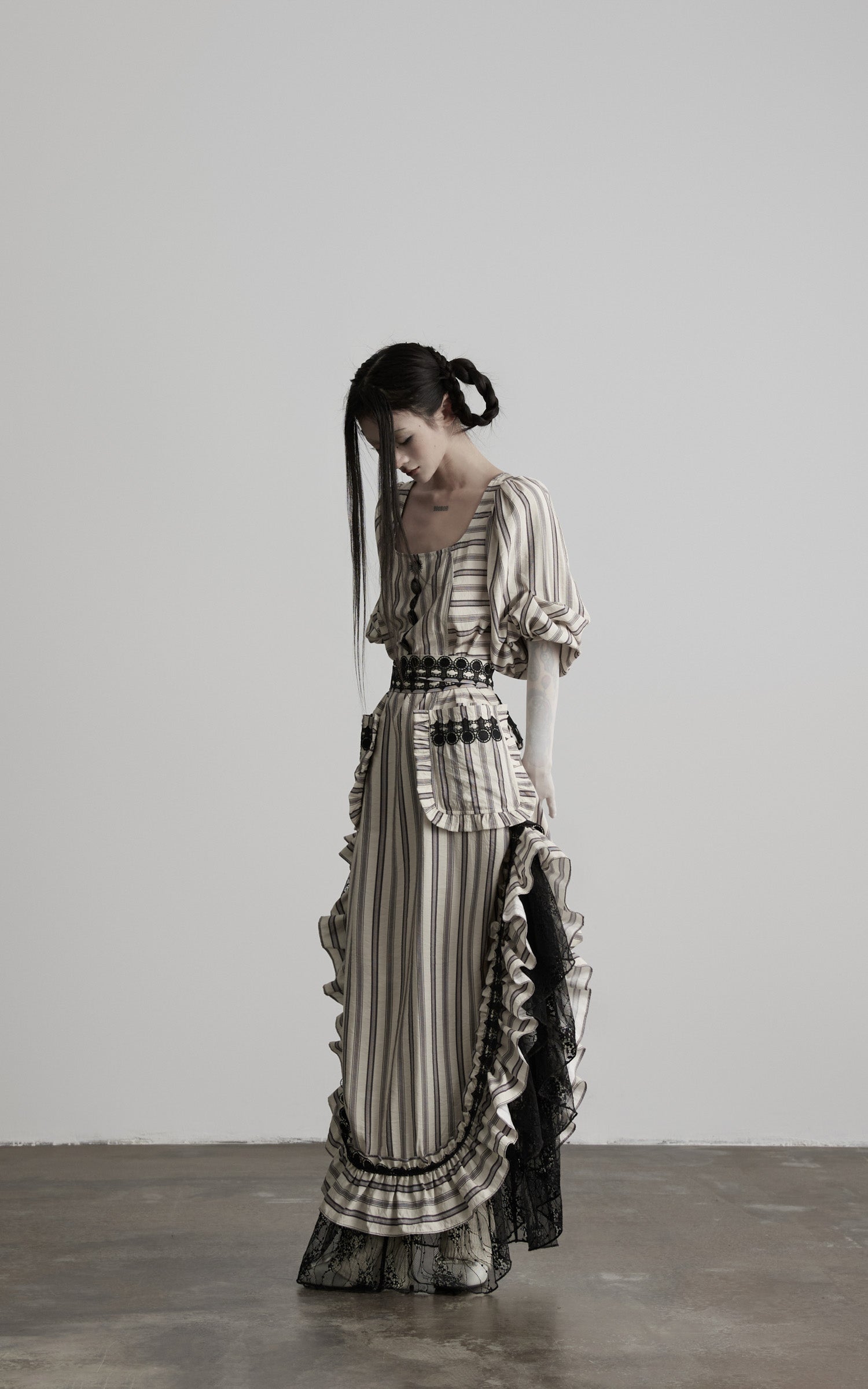 DOINDULGE Striped Square-Neck Fitted Waist Dress with Lace Trim