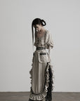 DOINDULGE Striped Square-Neck Fitted Waist Dress with Lace Trim