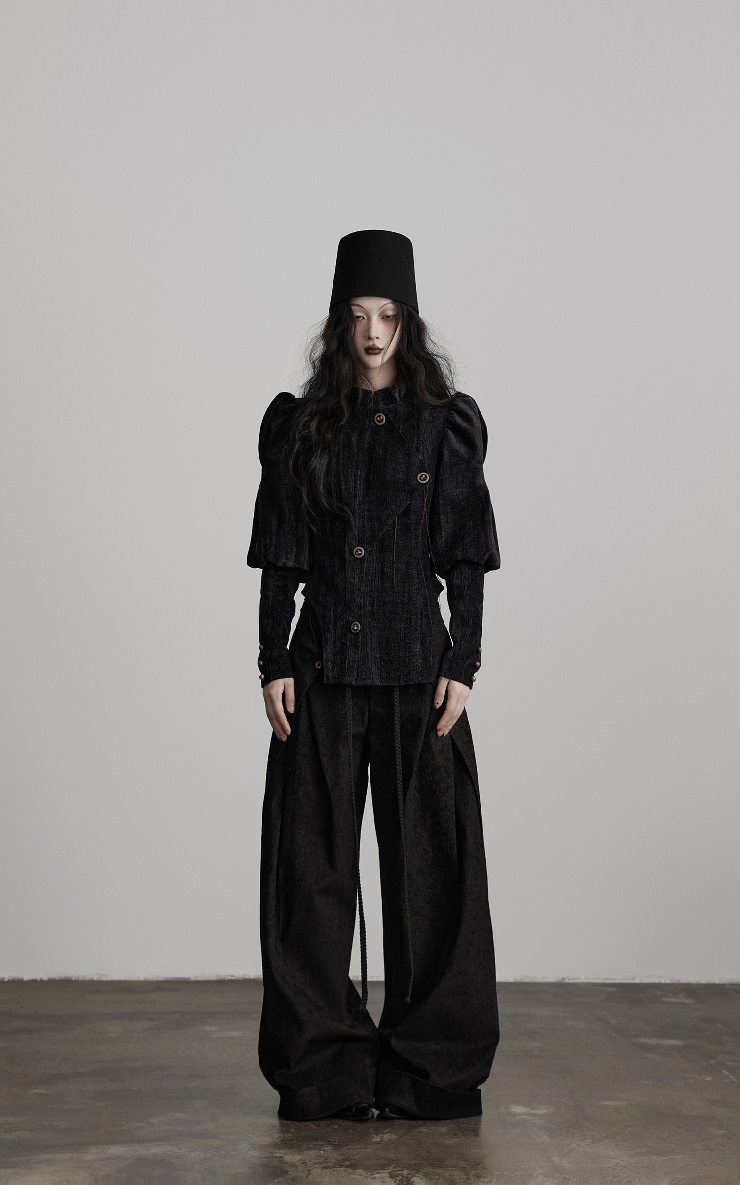 DOINDULGE Textured Wide-Leg Trousers with Draped Panels and Rope Detail