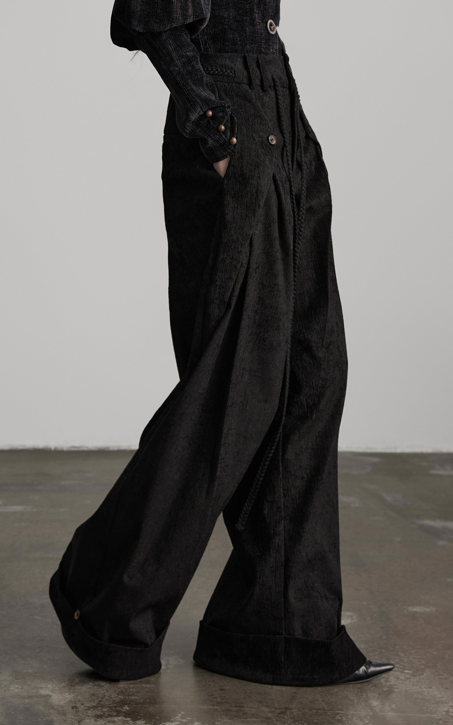 DOINDULGE Textured Wide-Leg Trousers with Draped Panels and Rope Detail