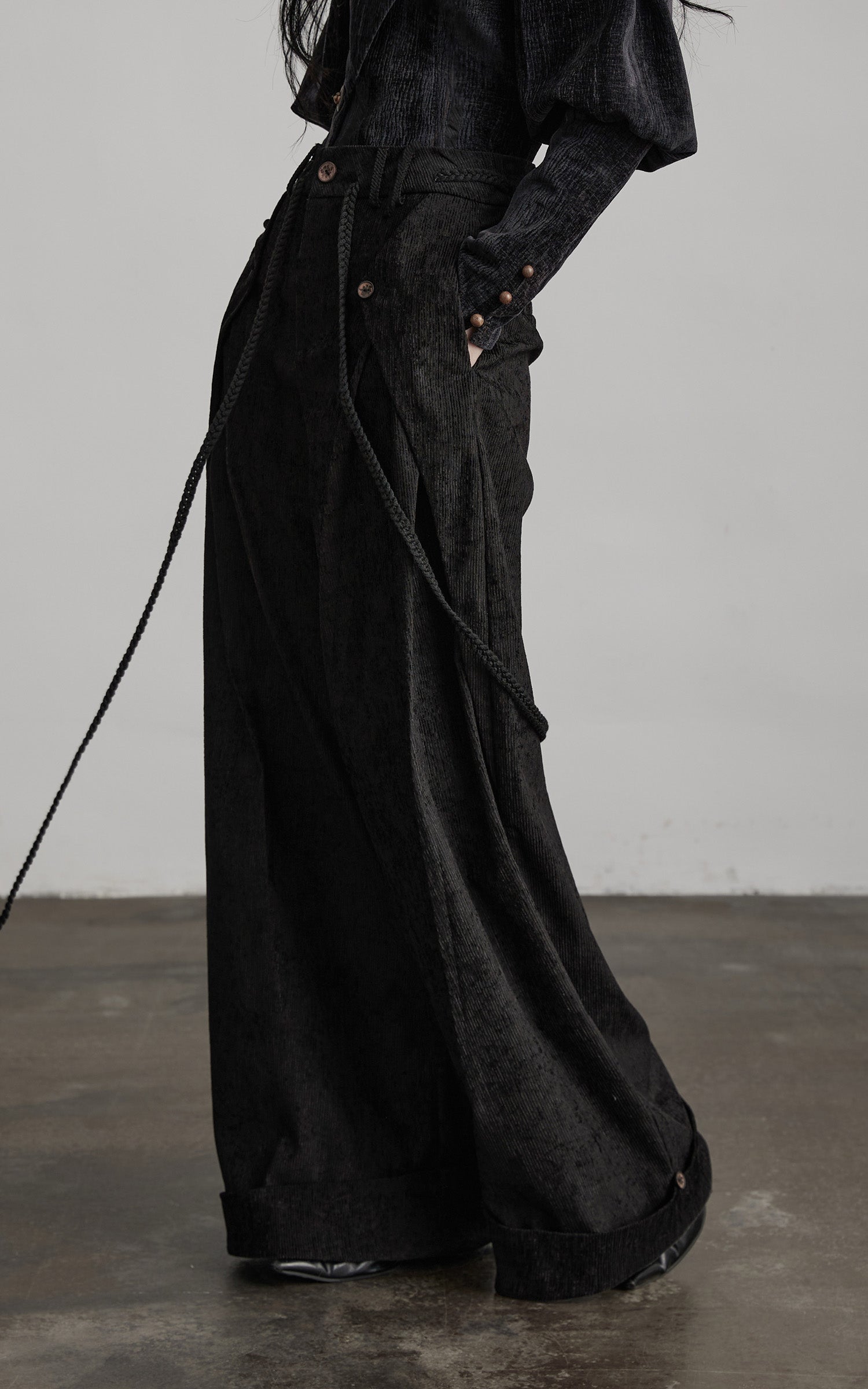 DOINDULGE Textured Wide-Leg Trousers with Draped Panels and Rope Detail